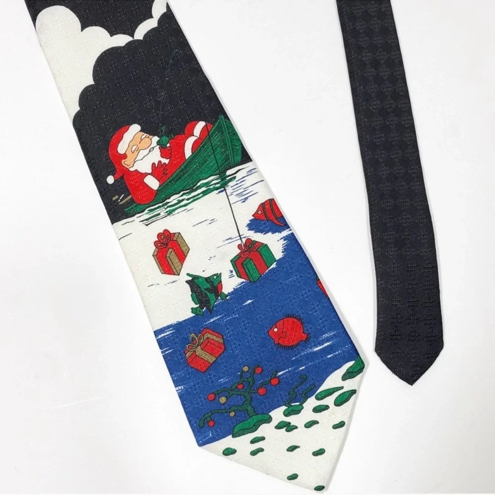 Vintage Hallmark Santa Fishing Presents Black Necktie